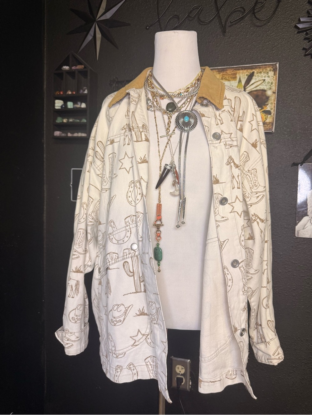 Women's Cream Western Print Jacket with Tan Corduroy Collar
